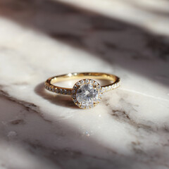 Wall Mural - Gold Ring with Diamond on Marble Surface