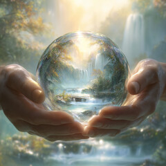 Wall Mural - Hands Holding Sphere Reflecting Waterfalls and Trees