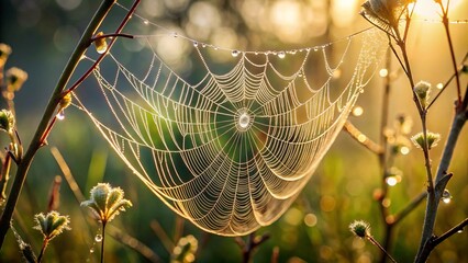 spider web with dew drops. Photorealistic shot of a single perfect spider web stretched between two thin twigs