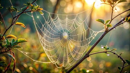 spider web with dew drops. Photorealistic shot of a single perfect spider web stretched between two thin twigs