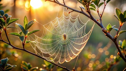 spider web with dew drops. Photorealistic shot of a single perfect spider web stretched between two thin twigs