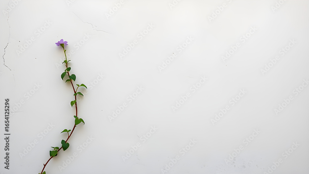 Purple flower growing on a creeper plant against a cracked wall. Symbol ...
