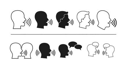 Wall Mural - Communication Icons Talking Heads, Speech Bubbles, and Sound Waves