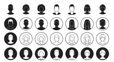 Wall Mural - Set of black and white people avatar icons. Vector illustration collection of user profile pictograms with different hairstyles for web and app design.