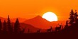 ©  Yani8sa A. - Orange sunset silhouettes of deer in mountainous woodland vector illustration, woodland, panorama