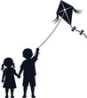 © Abbas - Silhouette of a boy and girl holding hands and flying a kite, representing childhood, friendship, and outdoor activities