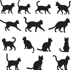  A series of black and white cat silhouettes are shown in various poses