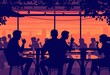 ©  Yani8sa A. - Silhouetted figures enjoying meals and drinks at a cafe, panoramic vector illustration,  abstract,  setting