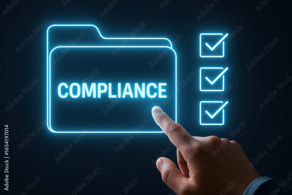 Compliance File. Sign Compliance folder icon with check marks and hand pointing on dark ...