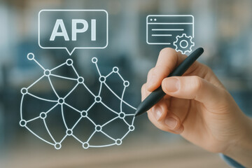 API concept with hand drawing network connections and software interface icons