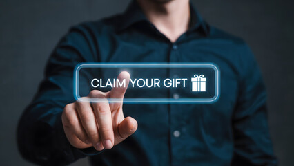Claim your gift now promotion with hand touching futuristic button offer