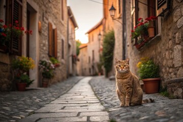  A street cat sitting proudly on a cobblestone alley in a historic European town