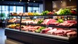 © MRSUTIN - A modern butcher's display counter showcasing a wide variety of fresh, raw meats and garnishes.