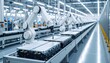 © MRSUTIN - White robotic arms automate battery production on a clean, modern factory assembly line, showcasing Industry 4.0 efficiency.