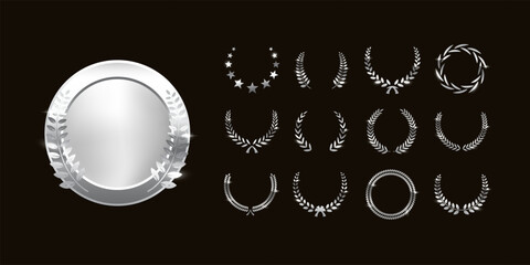 Silver award medal with set of various laurel wreaths. Metallic circle medallion, certificate, stamp, badge. Symbols of win, honor, prestige, achievement, excellence. Realistic vector illustration.