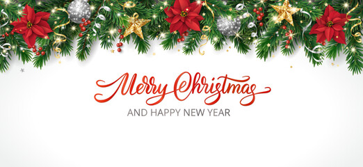 Wall Mural - Vector Christmas background with poinsettia flowers, fir branches, glitter ornaments, golden stars, and decorated Christmas tree as a festive top border. Merry Christmas calligraphy text in center. Pe