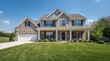 © Jedo - A professional, high-resolution photograph of a suburban house on a clear, sunny day, with a well-maintained lawn.