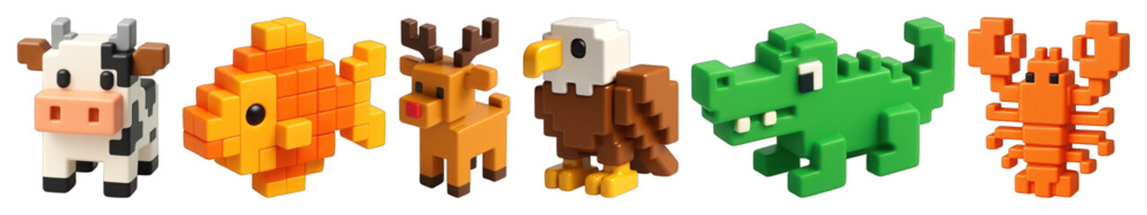 Wall Mural - PNG Colorful voxel animal figurines, element set on transparent background