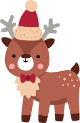 Wall Mural - Vector cartoon deer in warm hat and bow tie clipart. Cute Christmas or new year symbol animal illustration for kids. Winter holiday reindeer icon isolated on white background