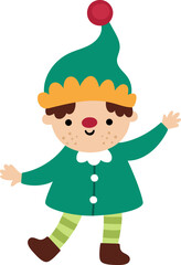 Wall Mural - Vector cartoon Christmas elf in green hat clipart. Cute new year symbol gnome illustration for kids. Winter holiday dwarf icon isolated on white background