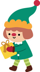 Wall Mural - Vector cartoon Christmas elf in green hat holding present clipart. Cute new year symbol gnome illustration for kids. Winter holiday dwarf with gift icon isolated on white background