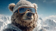© Darya - Majestic bear in winter hat and snow goggles standing in snowy mountains, cool winter adventure with animals
