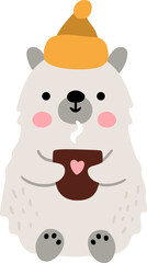 Wall Mural - Vector cartoon polar or white bear in warm hat drinking hot drink. Christmas animal clipart. Cute new year symbol illustration for kids. Winter holiday icon isolated on white background