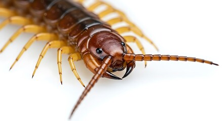 Macro Close-up of a Centipede's Head and Antennae on White Background