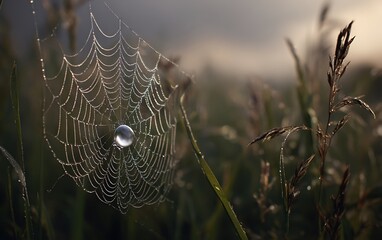 Dewdrops adorn a delicate spiderweb in the morning light
