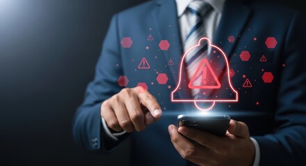 Businessman receiving an urgent alert notification on his smartphone