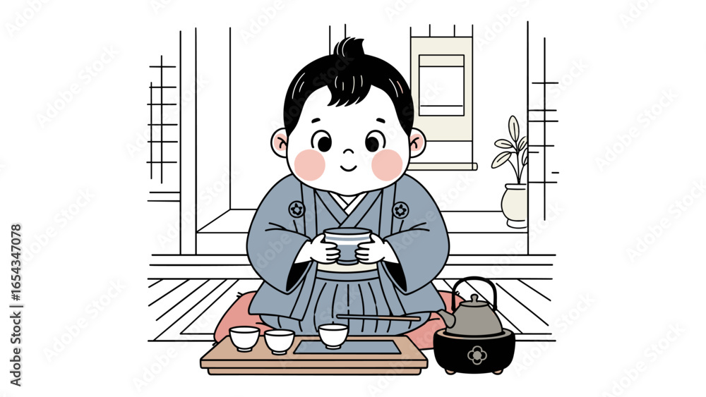 Washitsu Colouring In Cute Japanese boy in a traditional kimono performing a tea ceremony in ...