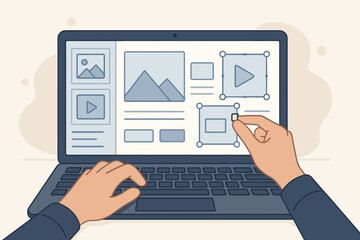 UX UI designer at work. Person creating website structure or mobile app interface on laptop. Web design development. Wireframe prototyping. Digital project layout concept.