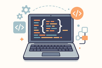 Computer programming concept. Laptop with code on screen, web development and software engineering. App development, coding, scripting, technology IT vector illustration.