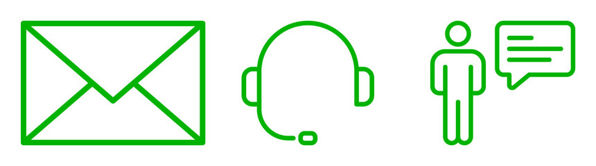 Green Line Icons: Email, Headset, Customer Service, Communication, Support, Help, Contact, Modern, Minimalist, Simple, Clean, Professional, Web Design, App Interface, User Interface.