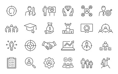 Headhunting web icons in line style. Recruitment, career, resume, work group, candidate, job hiring, collection. Vector illustration.