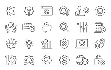 Setup and Settings web icons in line style. Options, download, update, configuration, gears, optimization, collection. Vector illustration.