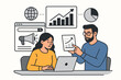 © Judy - Digital marketing team analyzing data for business growth. SEO strategy concept with people, laptop, and charts. Online advertising and web presence management vector illustration.