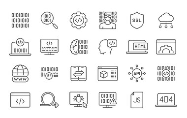 Programming and Coding web icons in line style. Software, development, legal, cloud computing, programmer, data, collection. Vector illustration.