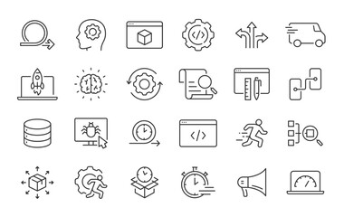 agile development web icons in line style. scrum, requirements, maintenance, testing, software colle