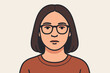 © Sonya - Woman face portrait with glasses vector illustration. Serious or neutral expression of a casual female person. User profile avatar, character headshot flat design front view concept.