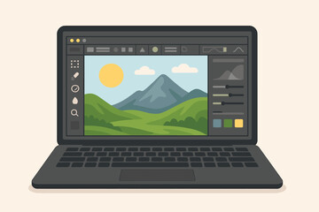 Photo editing software on computer screen. Graphic design and retouching concept. Laptop with program for digital illustration, image manipulation, color correction of a landscape.