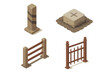 © Clara - Historic boundary markers isometric icon set. Ancient wooden frontier post, old stone survey landmark, and weathered fence sections. Territorial border and property line concept.