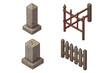 © Clara - Historic boundary icons isometric set. Ancient weathered stone post and survey marker. Old wooden picket fence and border barrier. Property line demarcation landmark vector.