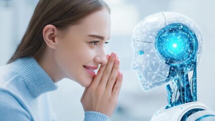 Young woman and futuristic robot artificial intelligence interaction, digital technology innovation, blue light connection, curiosity and wonder in modern future setting