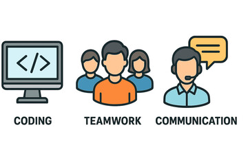 Set of business icons for coding, teamwork, and communication. Concept of software development, digital workspace, and collaboration. Vector line art for web and mobile apps.