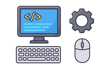 Programmers desktop workspace vector. Coding equipment: keyboard, mouse, monitor with code, gear icon. Software development and programming tools illustration. Modern cartoon technology setup concept.