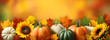 © Daniel - Autumn festive background. Joyful banner with warm seasonal colors, composition of pumpkins, fall leaves and sunflowers. Thanksgiving season banner.