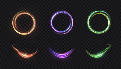 Wall Mural - glowing circular rings and curved swoosh trails in orange, purple and green on transparent backgroun