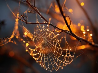 Spider web string between skeletal branches, dewdrops catching amber lantern light. Cozy autumn mood. Fall warm vibes wallpaper, backdrop, background