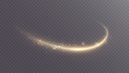 Wall Mural - golden curved light trail with spark particles and soft glow on transparent background. bright arc s